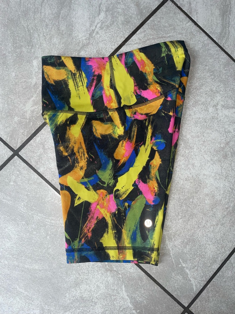 lululemon athletica Black Athletic Shorts with Neon Yellow Pink Blue Print